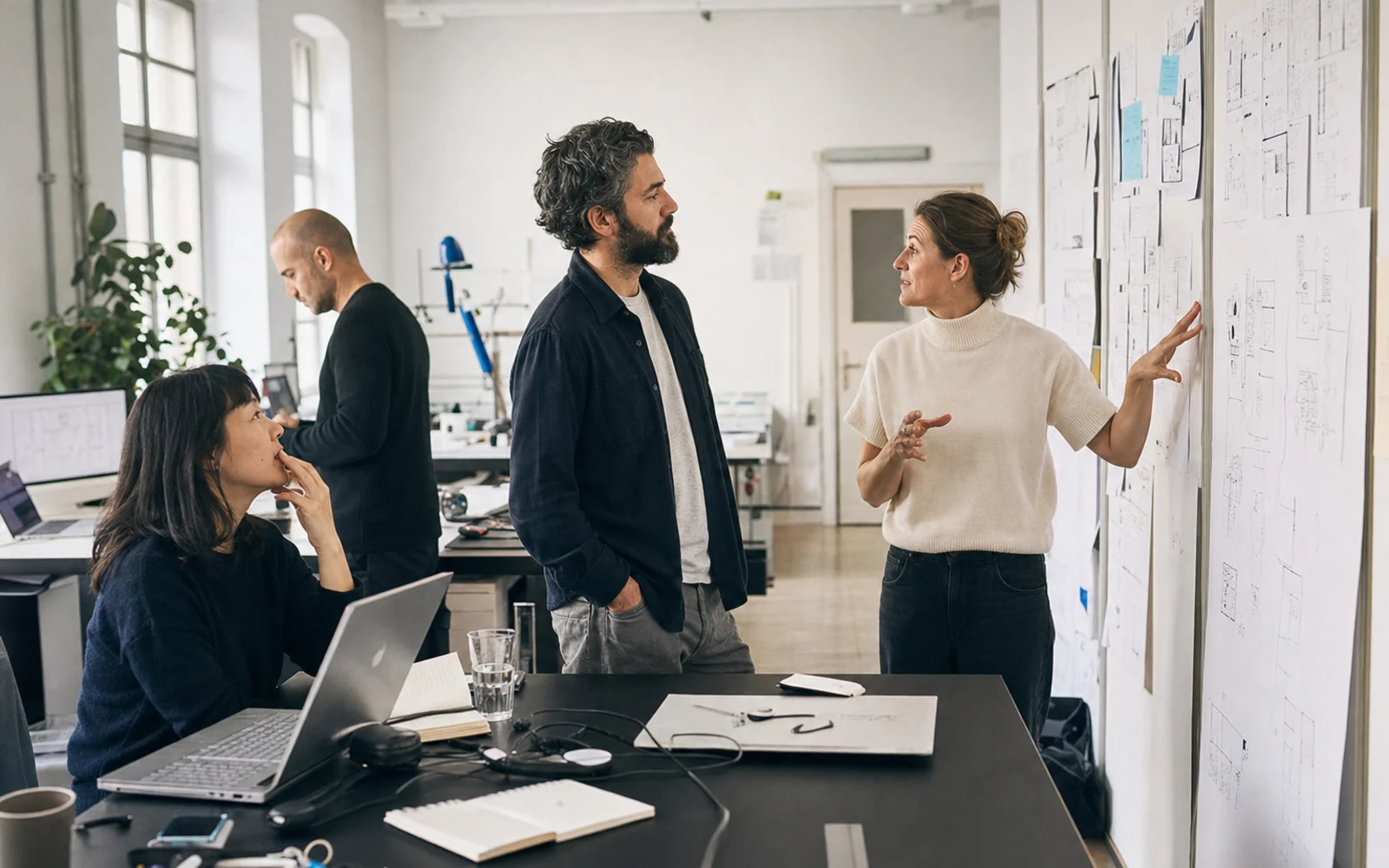 A small software studio team discussing a wall of project sketches